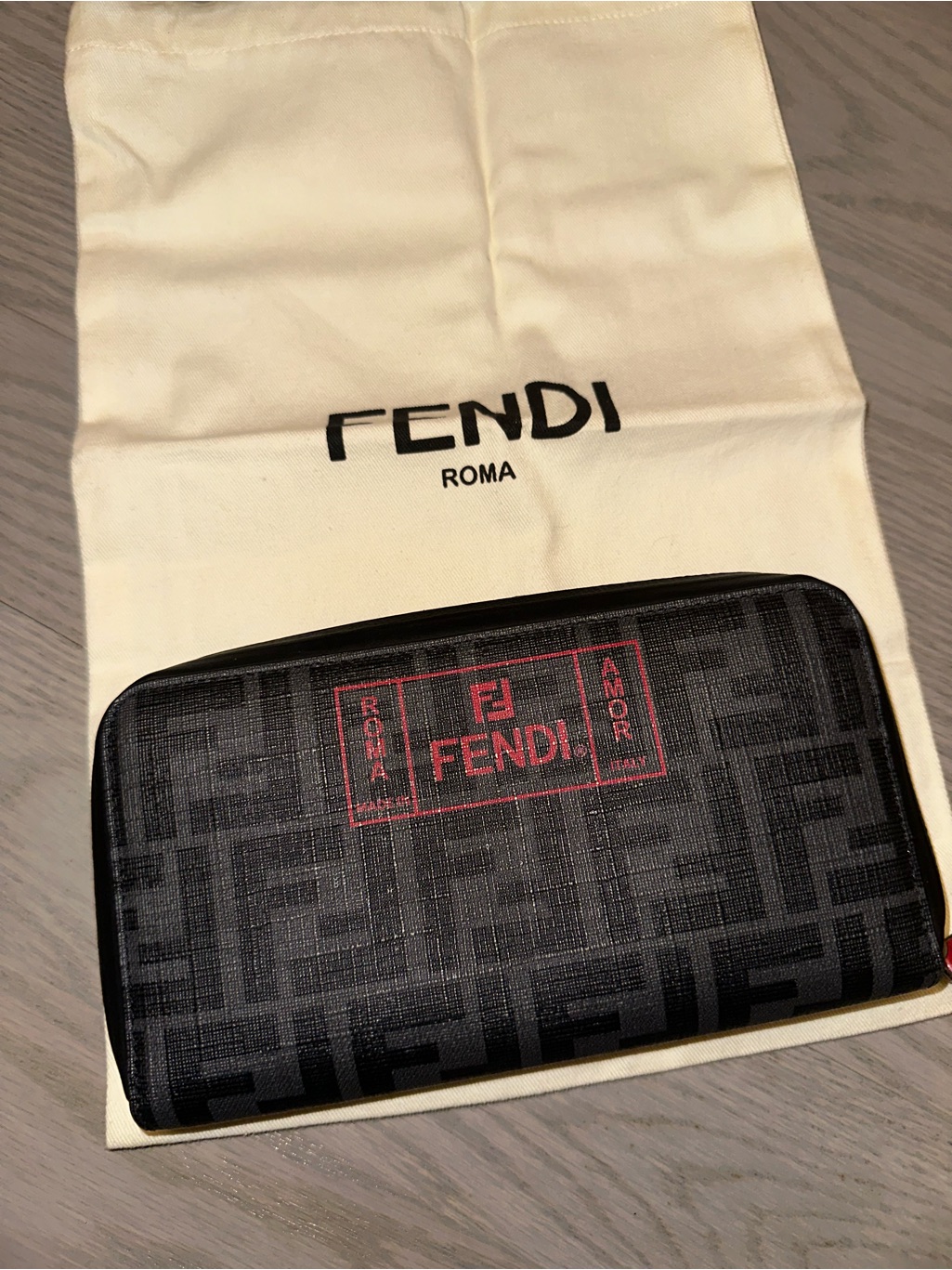 Fendi Black Zucca Canvas Zip Wallet With Red Logo Accent